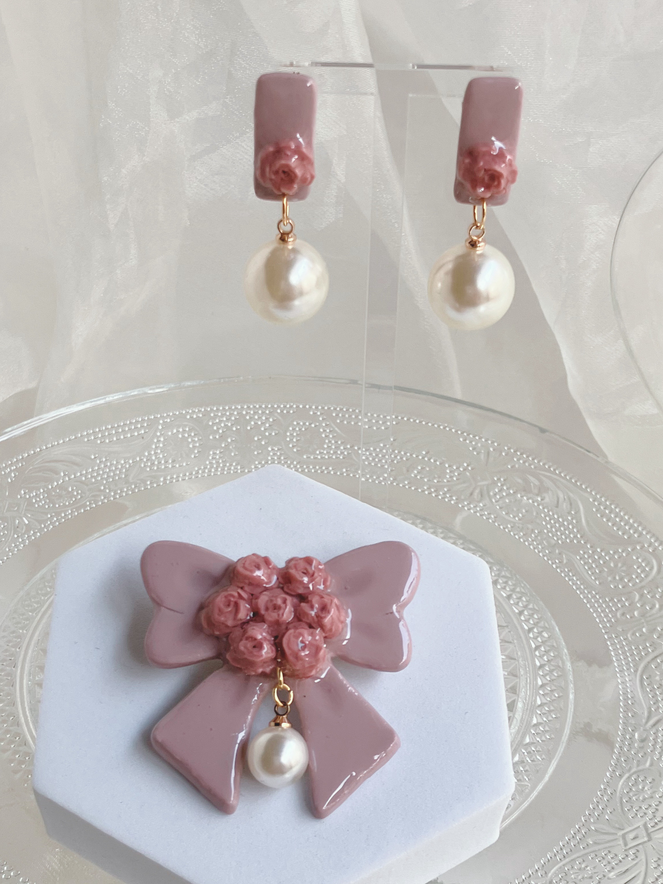 お花リボンブローチ＆ピアス(イヤリング)セット