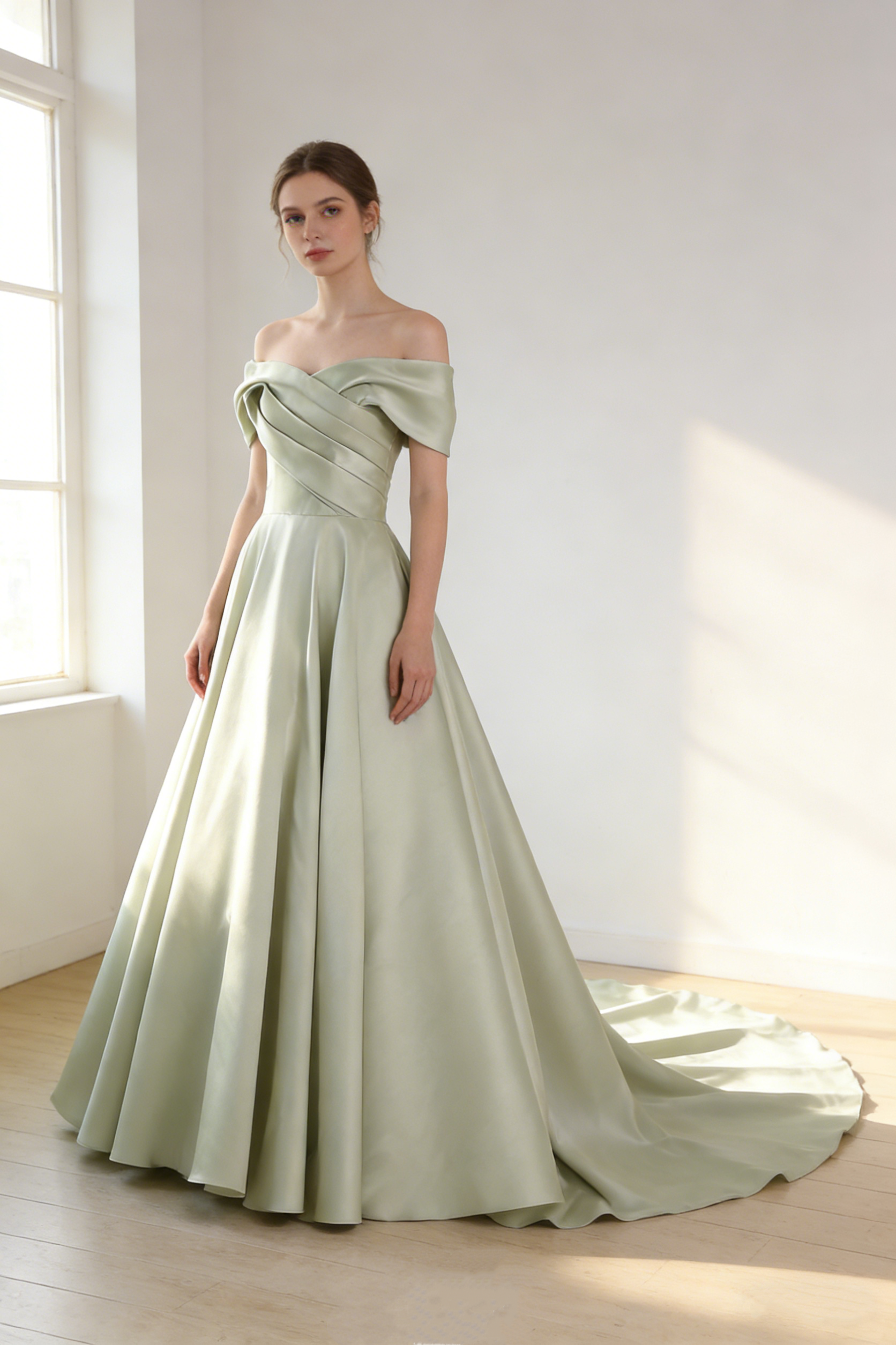 送料無料！パーティードレス オフショルダー 編み上げ  Aライン 前撮り グリーン スレンダーライン ピアノ演奏会