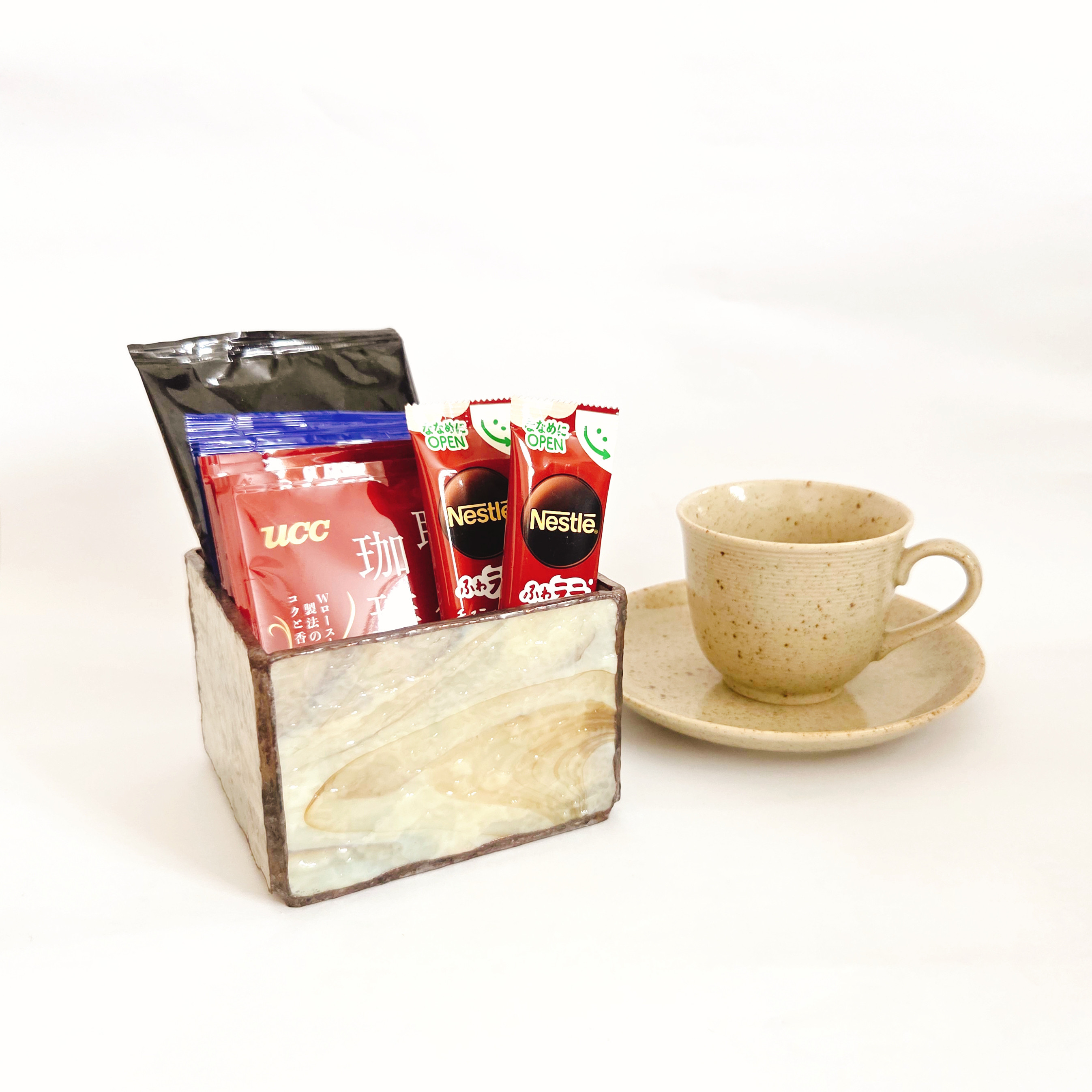 ステンドグラス　ドリップコーヒーホルダー　キャンドルホルダー　小物入れ　マーブル　一点物　再販なし