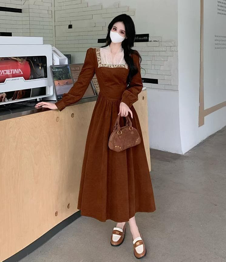 新品 大きいサイズ スクエアネック ロングワンピース コーデュロイ 秋冬u