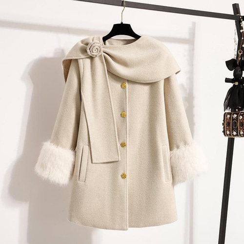 新品 秋冬 大きいサイズ ウール コート ファー マフラー付 アウター