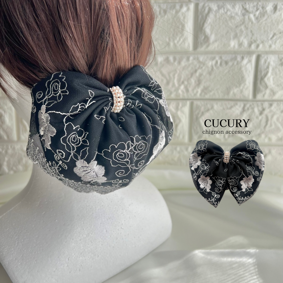 【new】ブラック×花柄レースのシニヨンネットバレッタ(薄手生地) ネット付きリボンバレッタ　黒　パール