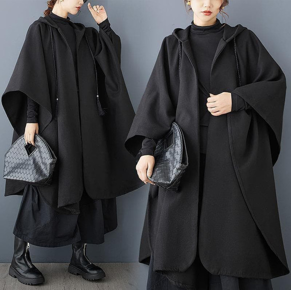 新品 大きいサイズ ゆったり ケープコート ポンチョ フード 黒 秋冬 g