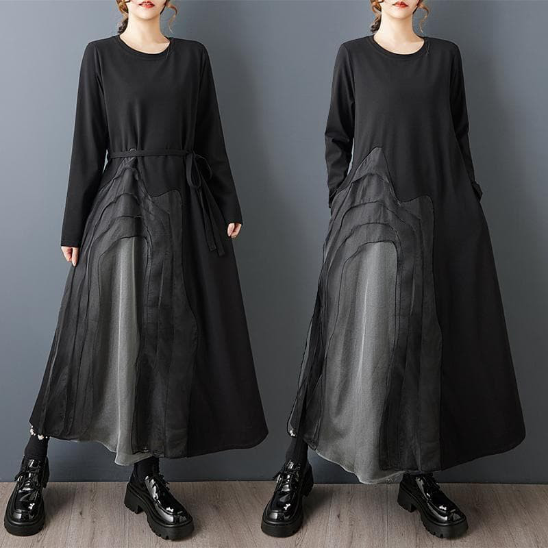 新品 大きいサイズゆったり アシメ チュール ワンピース 黒 ロング 春 秋冬d