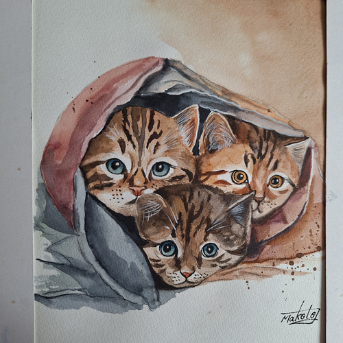 水彩画 仲良しネコ三姉妹 絵画 makochin 通販 20344109｜Creema(クリーマ)