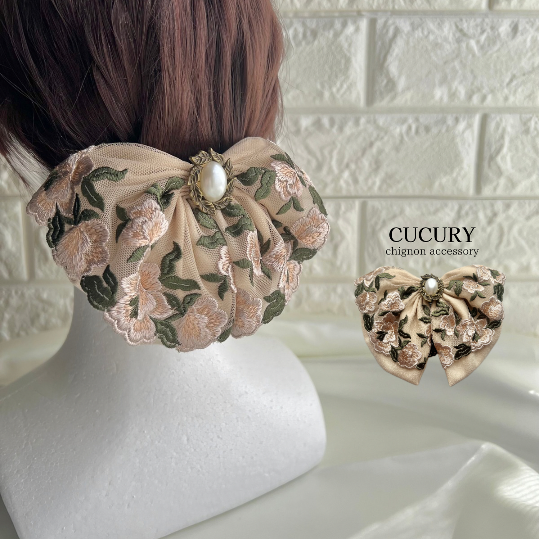 【new】ベージュ×ボタニカルレースのシニヨンネットバレッタ(薄手生地) ネット付きリボンバレッタ　パール