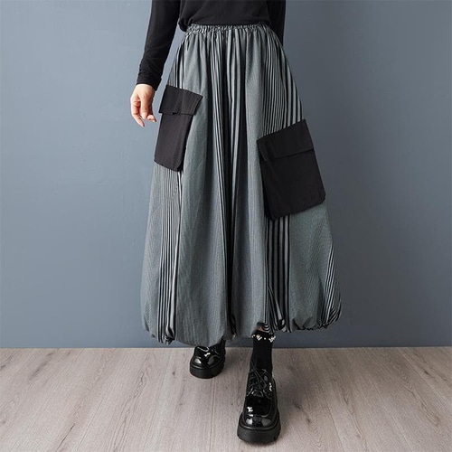 新品 大きいサイズ ゆったり ストライプ バルーンスカート 緑 カーキ