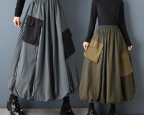 新品 大きいサイズ ゆったり ストライプ バルーンスカート 緑 カーキ