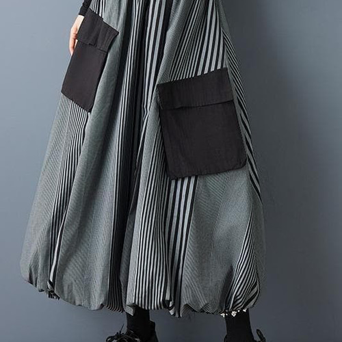 新品 大きいサイズ ゆったり ストライプ バルーンスカート 緑 カーキ