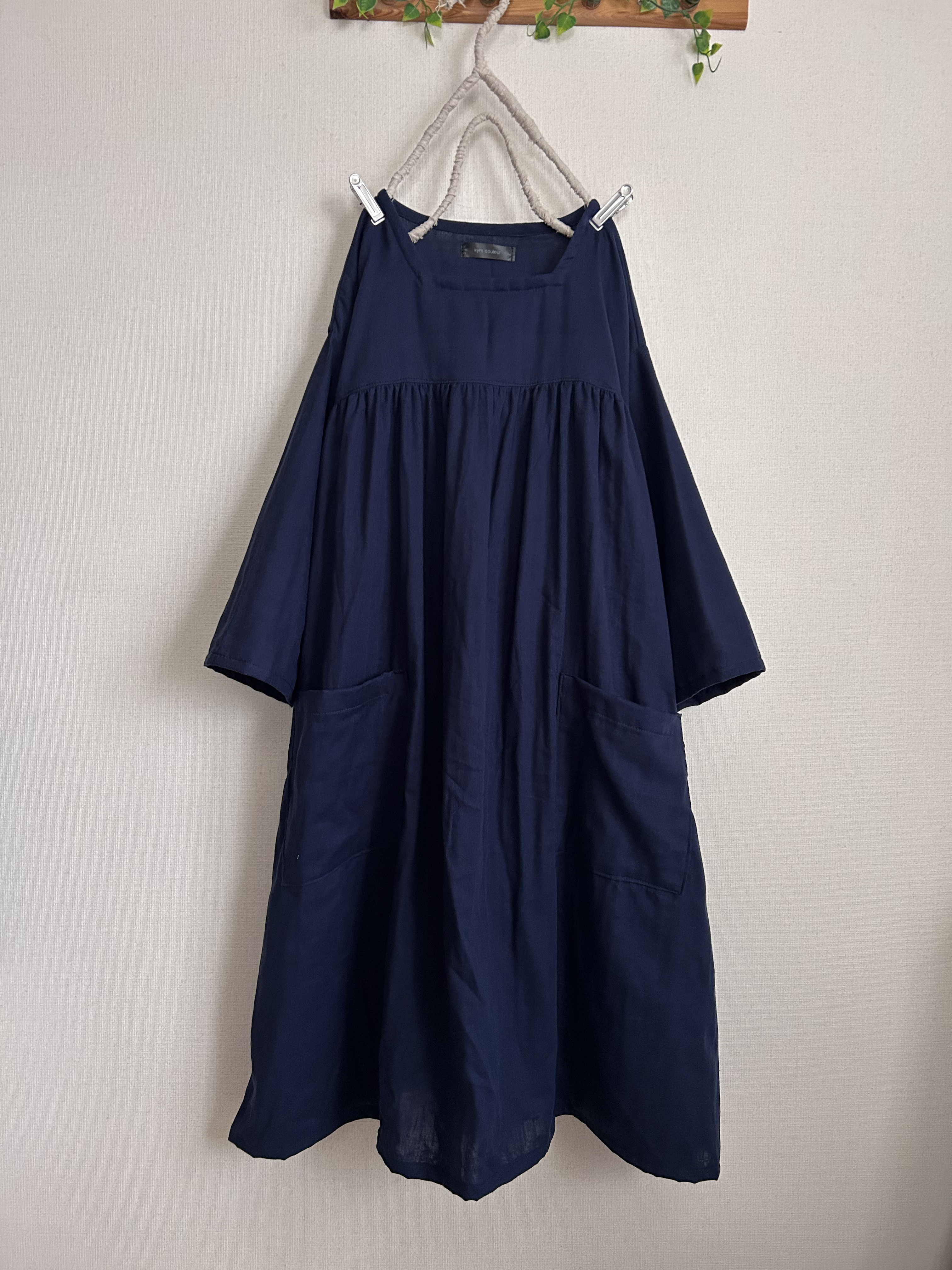 ふんわりネイビーWガーゼギャザー切り替えスクエアネックワンピース