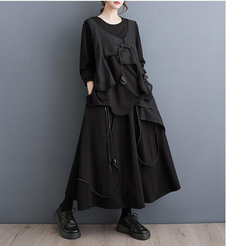 新品 大きいサイズ黒色 秋冬重ね着風長袖 ゆったりセットアップトップスd