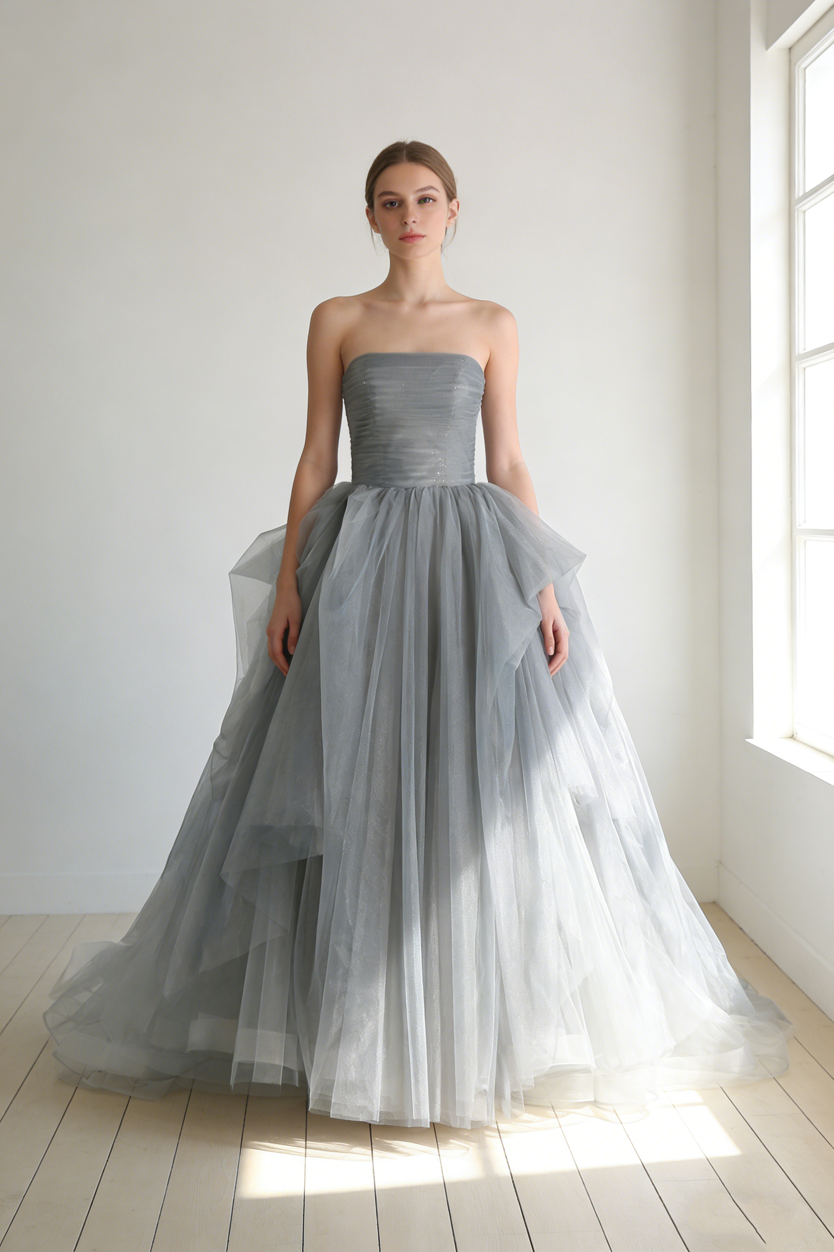 送料無料！カラードレス グレー ラッフルフリル アシンメトリードレス ビスチェドレス ブライダル 前撮り