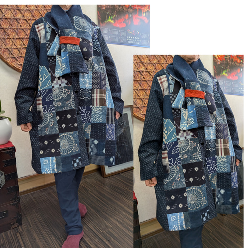 絣色々パッチワークと大島の前開きリバーシブルコート（絣のストール