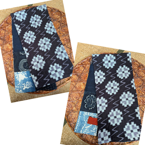 絣色々パッチワークと大島の前開きリバーシブルコート（絣のストール