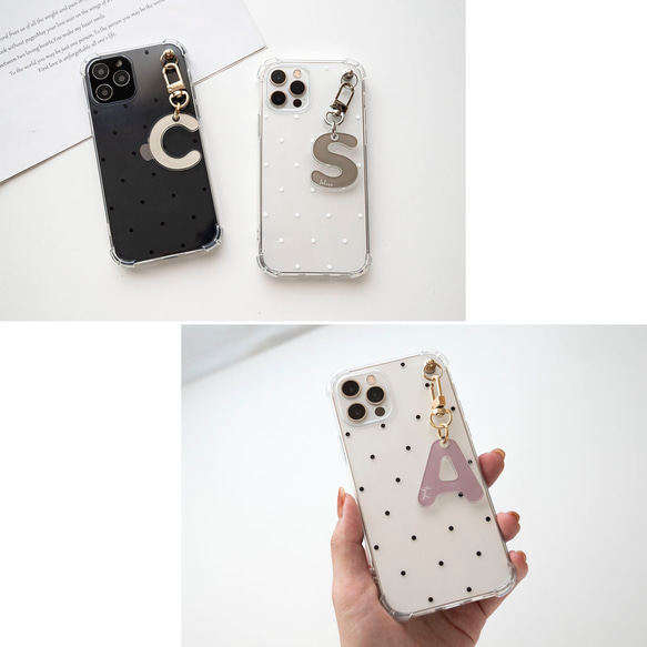 名入れ ができる イニシャルキーホルダー付き クリアケース 【 ドット 】 アクリル チャーム OS53U 14枚目の画像
