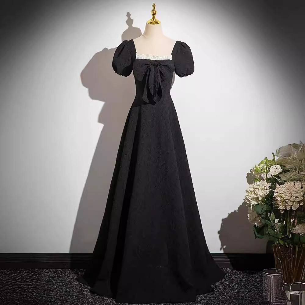 パーティードレス 黒 パフスリーブ リボン シンプル 韓国風 優雅 誕生日 成人式 前撮り お呼ばれ AK815