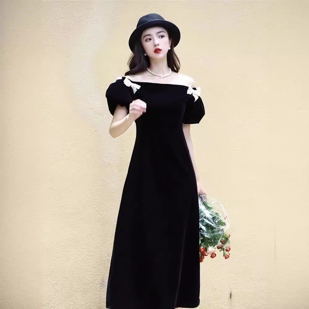 パーティードレス 黒 ベロア オフショルダー リボン 韓国風 優雅 誕生日 成人式 前撮り お呼ばれ AK816