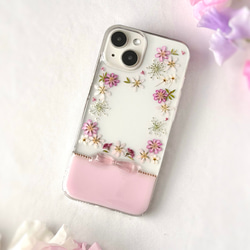 紫陽花ピンク 押し花スマホケース 小花フレーム ぷっくりリボン クリア