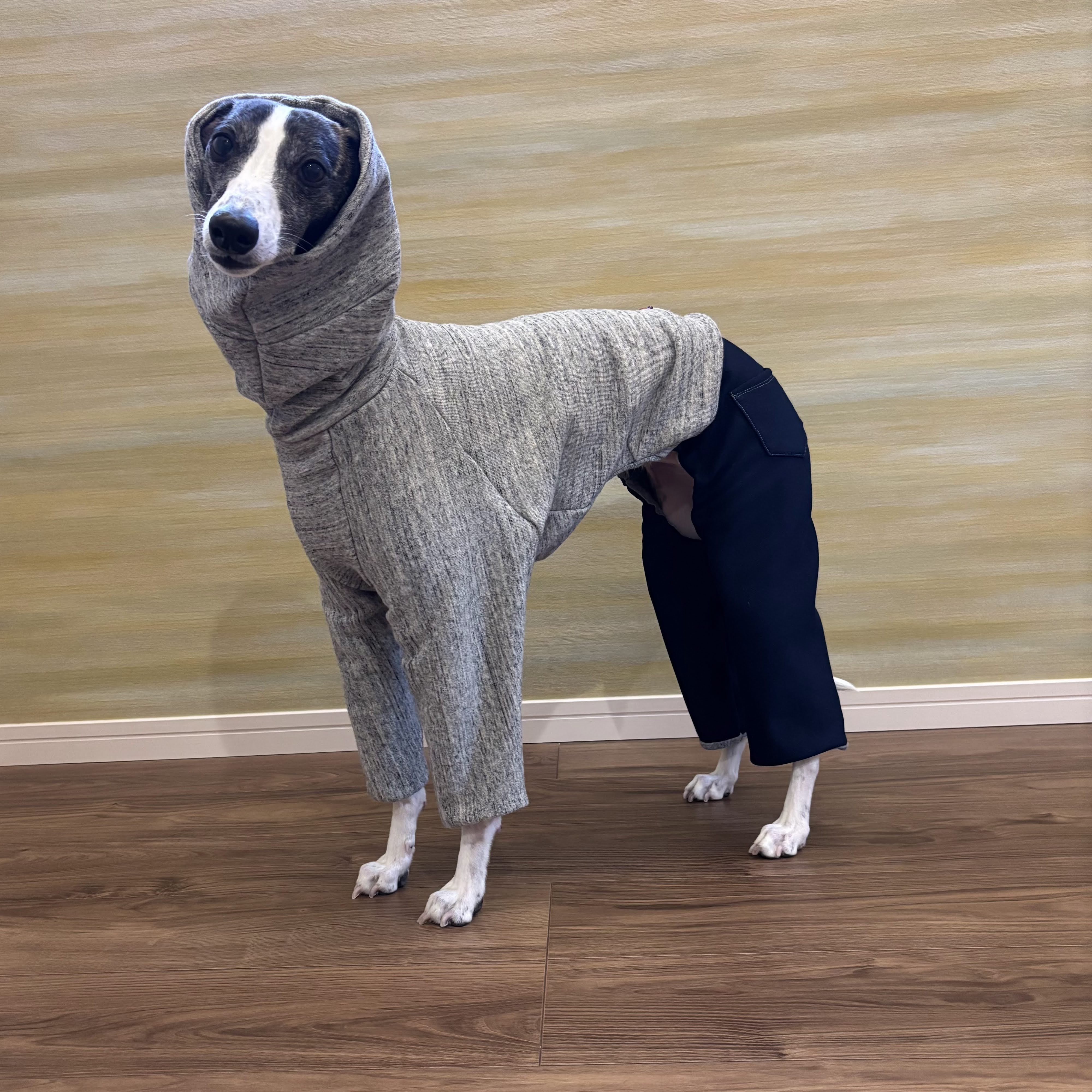 【受注制作】耳まで隠れるハイネックロンパース（絞りなし）（二重）（杢グレー・ネイビー）