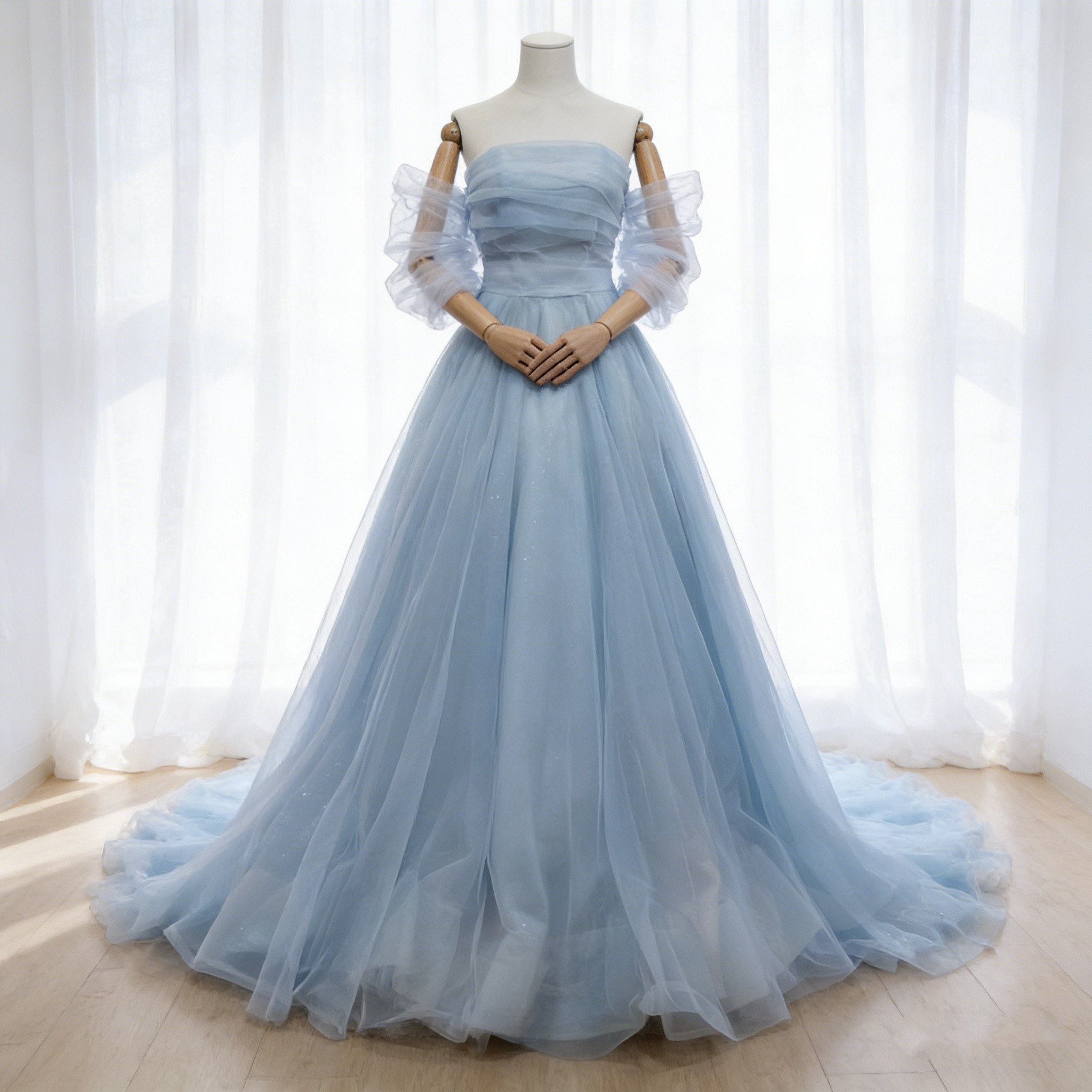 送料無料！カラードレス 爽やかで優しいブルー ビスチェドレス 柔らかく重ねたチュールスカート エアリー感 フリル袖 花嫁