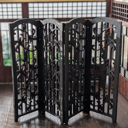 ミニチュア家具】衝立 4連衝立 木製 黒色 パーテーション 洋風 大正