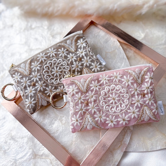 再販】12cmファスナー・チュールシアーポーチ♡インド刺繍リボン