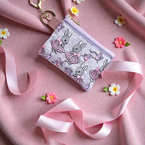 バレリーナうさぎ/インド刺繍×帆布/キーホルダー付きフラットポーチ