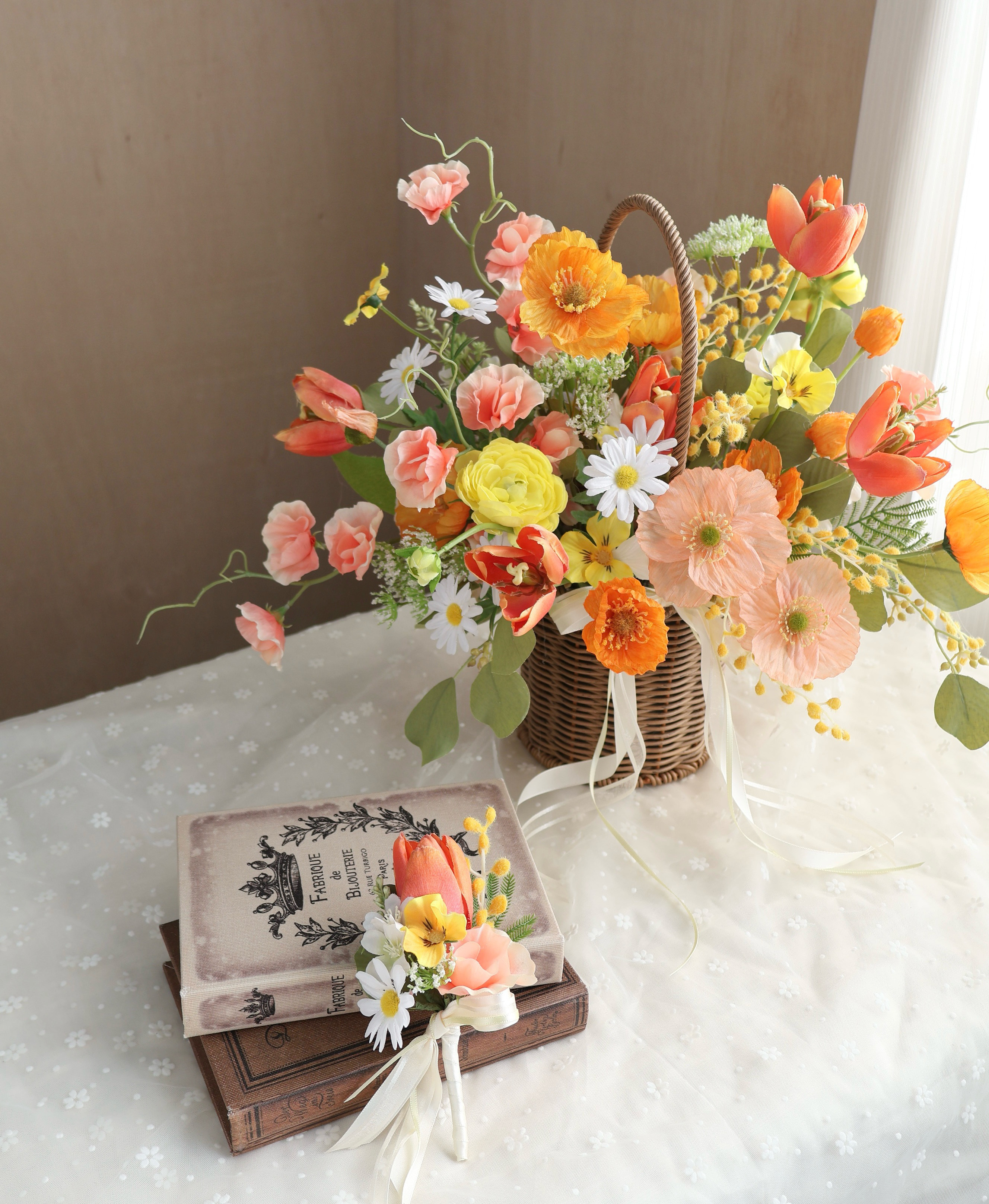 春のバスケットブーケ｜ウェディングブーケ｜チューリップ｜ミモザブーケ｜造花ブーケ｜ブートニア付き