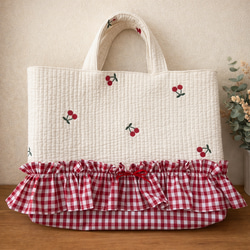 トートバッグ ハンドメイド ヌビキルト さくらんぼ刺繍 入園通学 サブ