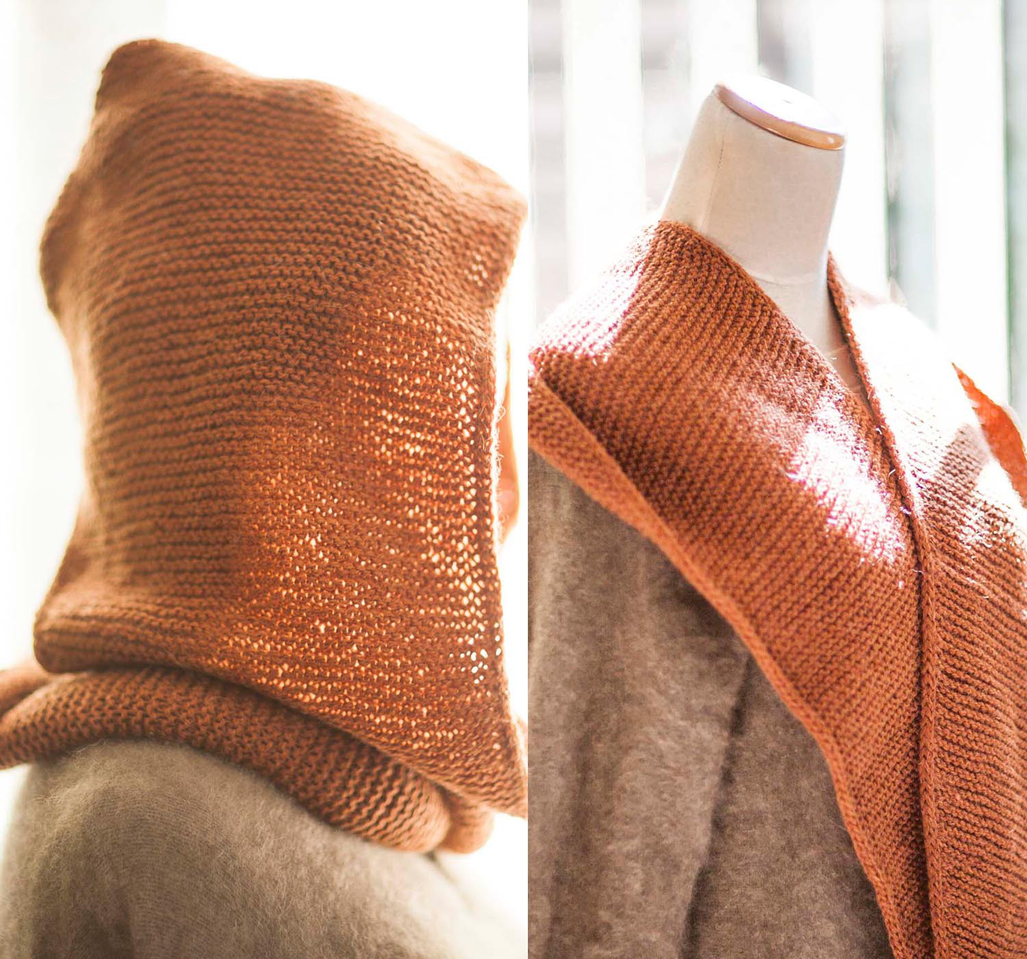 マフラー・スヌー（2wayフード付き）★柿色★ウール★冬・あたたかい・手編み＊クリスマスプレゼントXmas