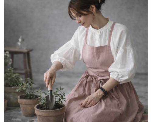 そのままお出かけリネンギャザーエプロン／おうち時間もお洒落に過ごす