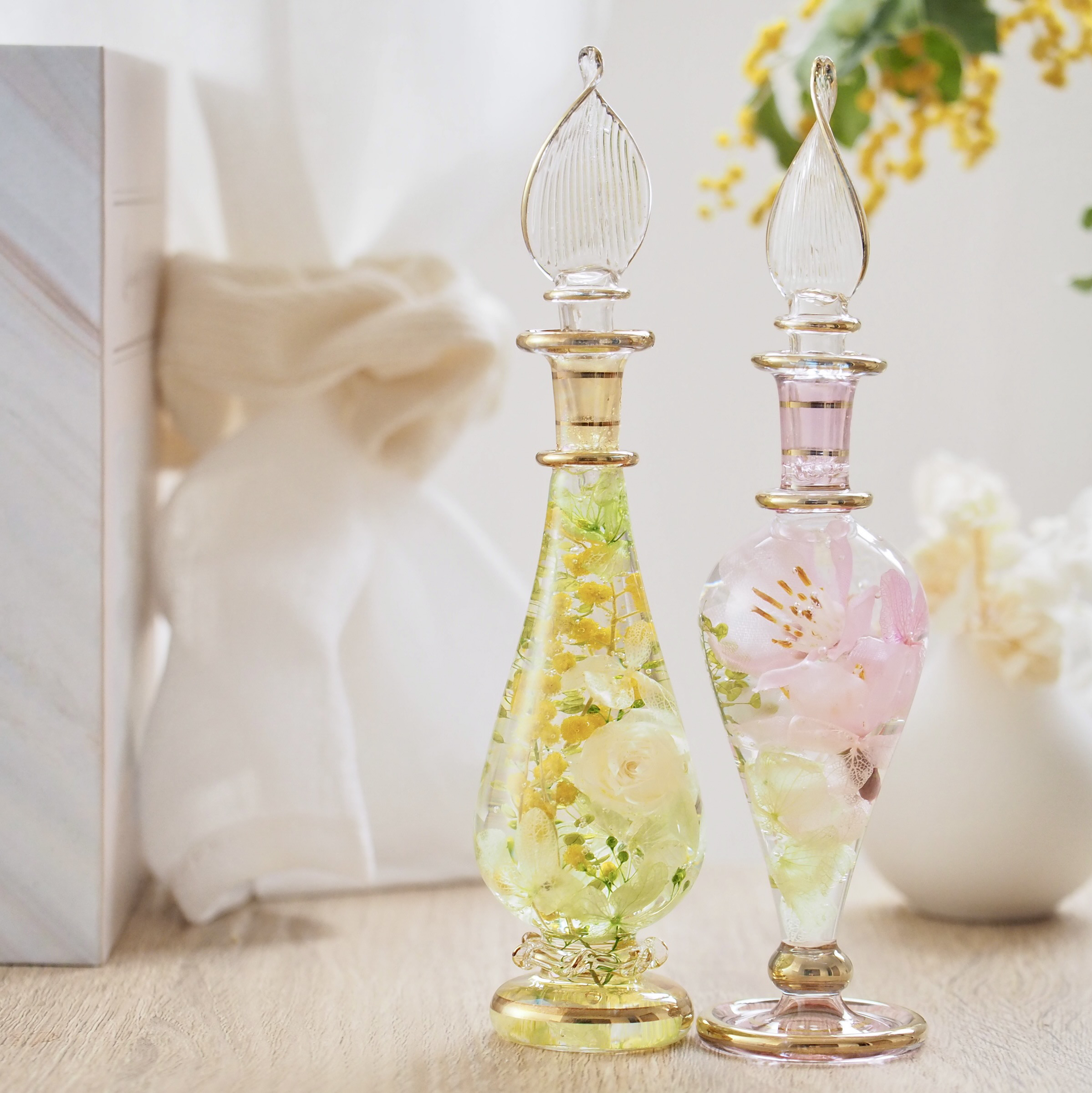 【春の早期割引】桜・ミモザ　ペアグラス L エジプシャングラス  フラワーアートグラス ハーバリウム 手の中で楽しむお花