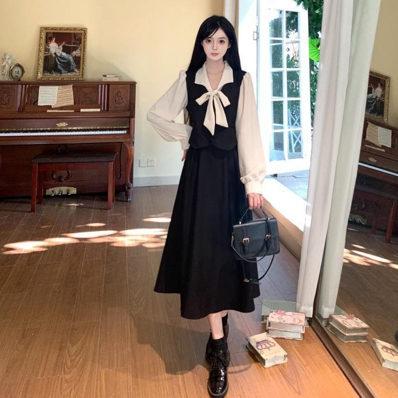 新品大きいサイズ 重ね着風リボン ワンピース ドレス☆新品秋冬黒長袖レディース