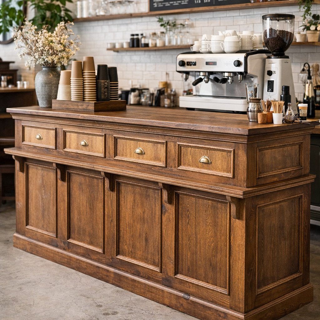 コーヒーショップ向けレジカウンター（W1800ダークブラウン） カフェ飲食店 美容室 アンティーク調カウンター 特注可