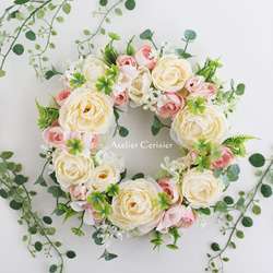 【早割】☆ラナンキュラス リース＜アーティフィシャルフラワー＞クリーム ピンク 30センチ 4枚目の画像