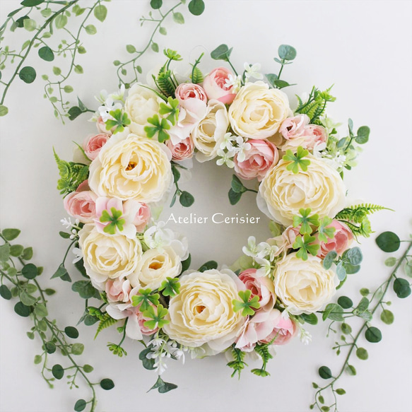【早割】☆ラナンキュラス リース＜アーティフィシャルフラワー＞クリーム ピンク 30センチ 4枚目の画像