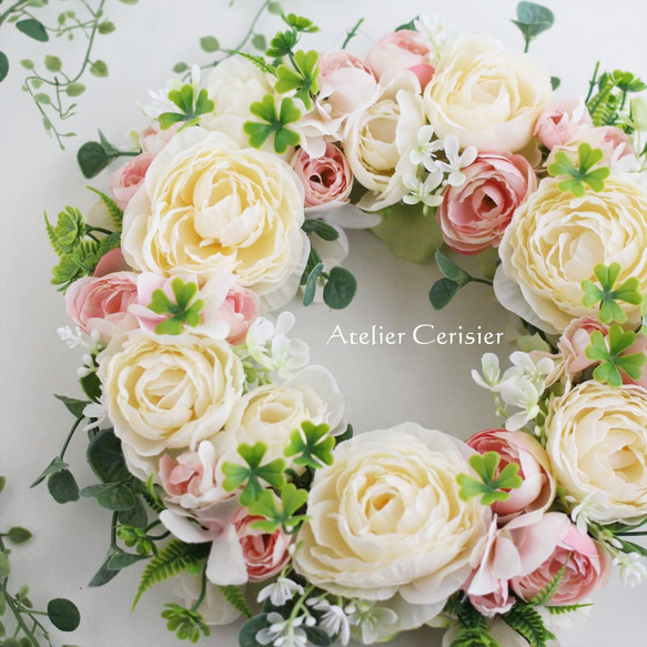 【早割】☆ラナンキュラス リース＜アーティフィシャルフラワー＞クリーム ピンク 30センチ 2枚目の画像