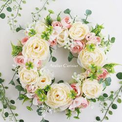 【早割】☆ラナンキュラス リース＜アーティフィシャルフラワー＞クリーム ピンク 30センチ 1枚目の画像