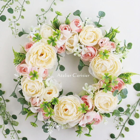 【早割】☆ラナンキュラス リース＜アーティフィシャルフラワー＞クリーム ピンク 30センチ 1枚目の画像