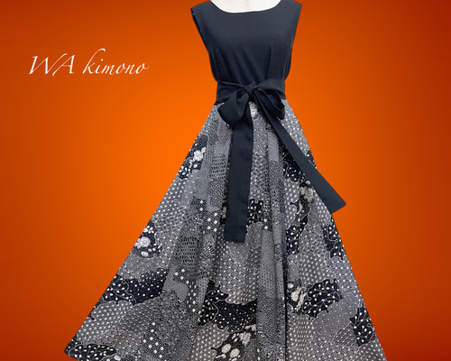 素材で魅せる 正絹 フレアーワンピース 高級感 着物ワンピース L～2L