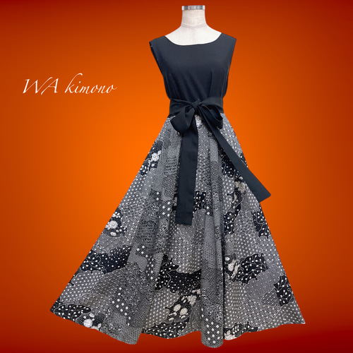 素材で魅せる 正絹 フレアーワンピース 高級感 着物ワンピース L～2L