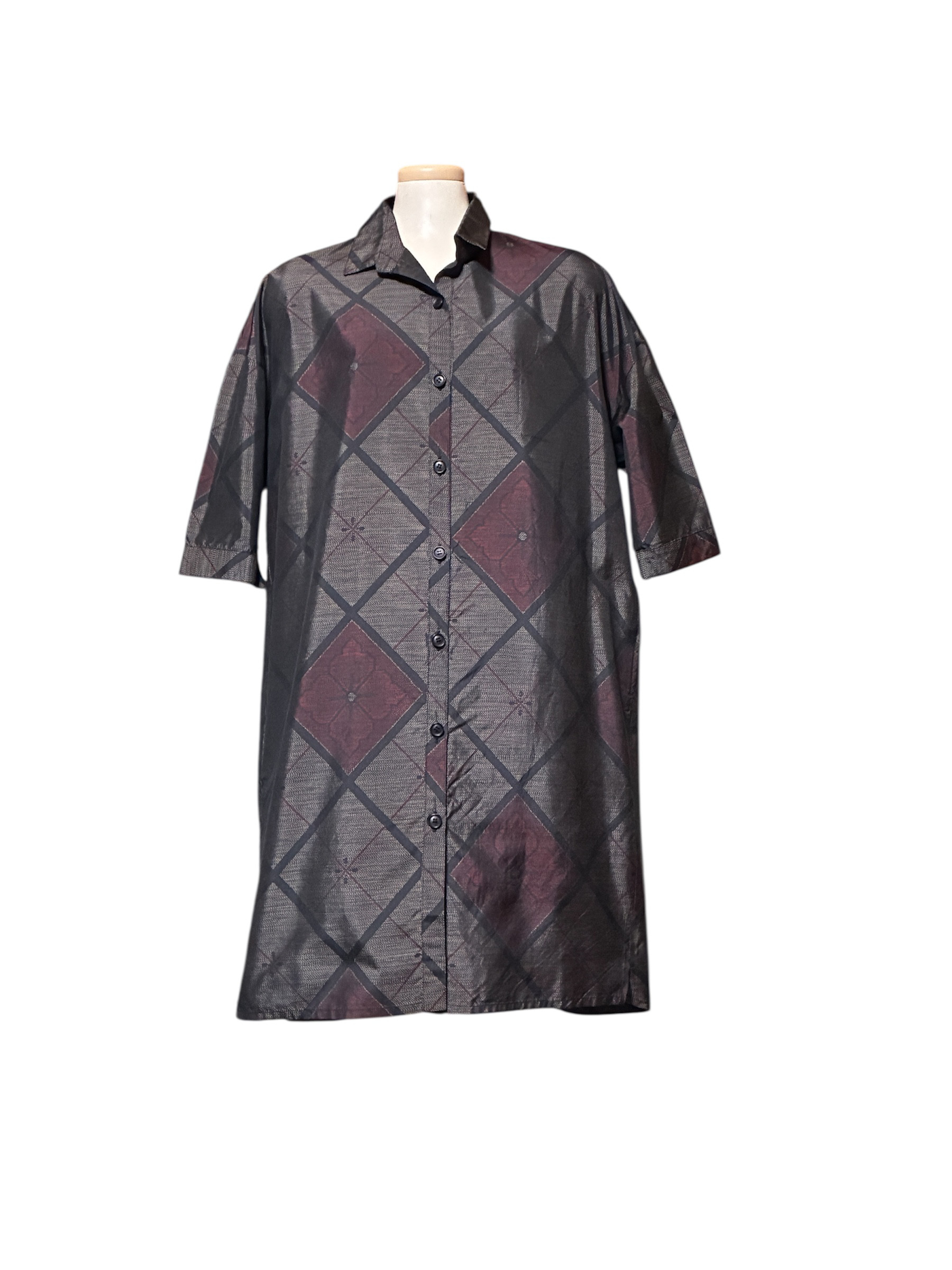 黒地の大島紬／7分袖シャツワンピース