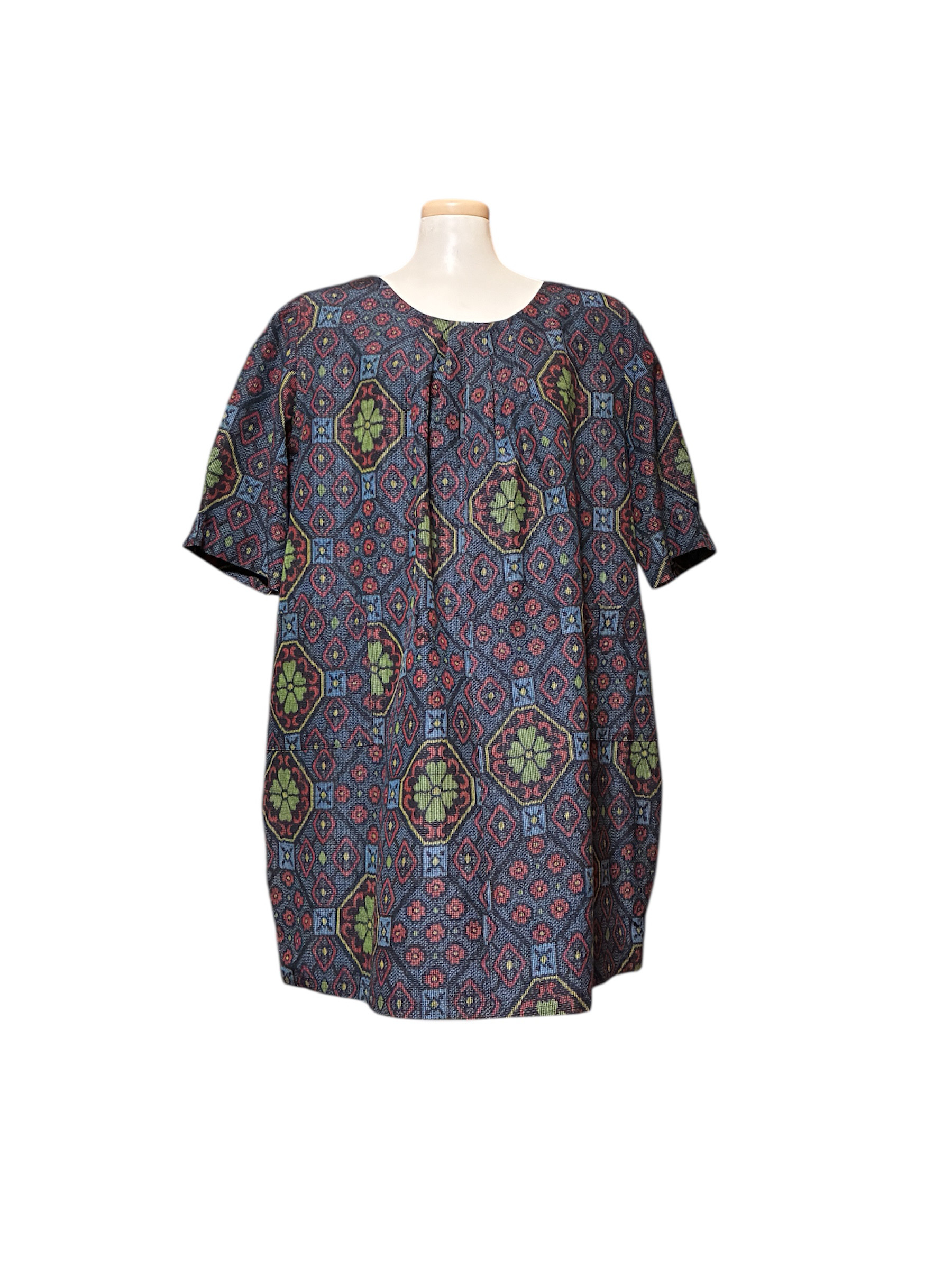 紺地の紬／半袖チュニックワンピース