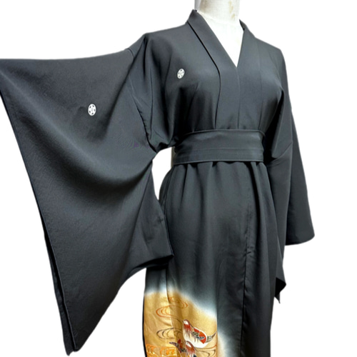 留袖　着物リメイク　ドレス　レース袖＆裾　和柄　ワンピース　金糸扇　ハンドメイド 留袖 着物リメイク 着物袖ドレス 和柄 ワンピース 金彩キジ 丈125