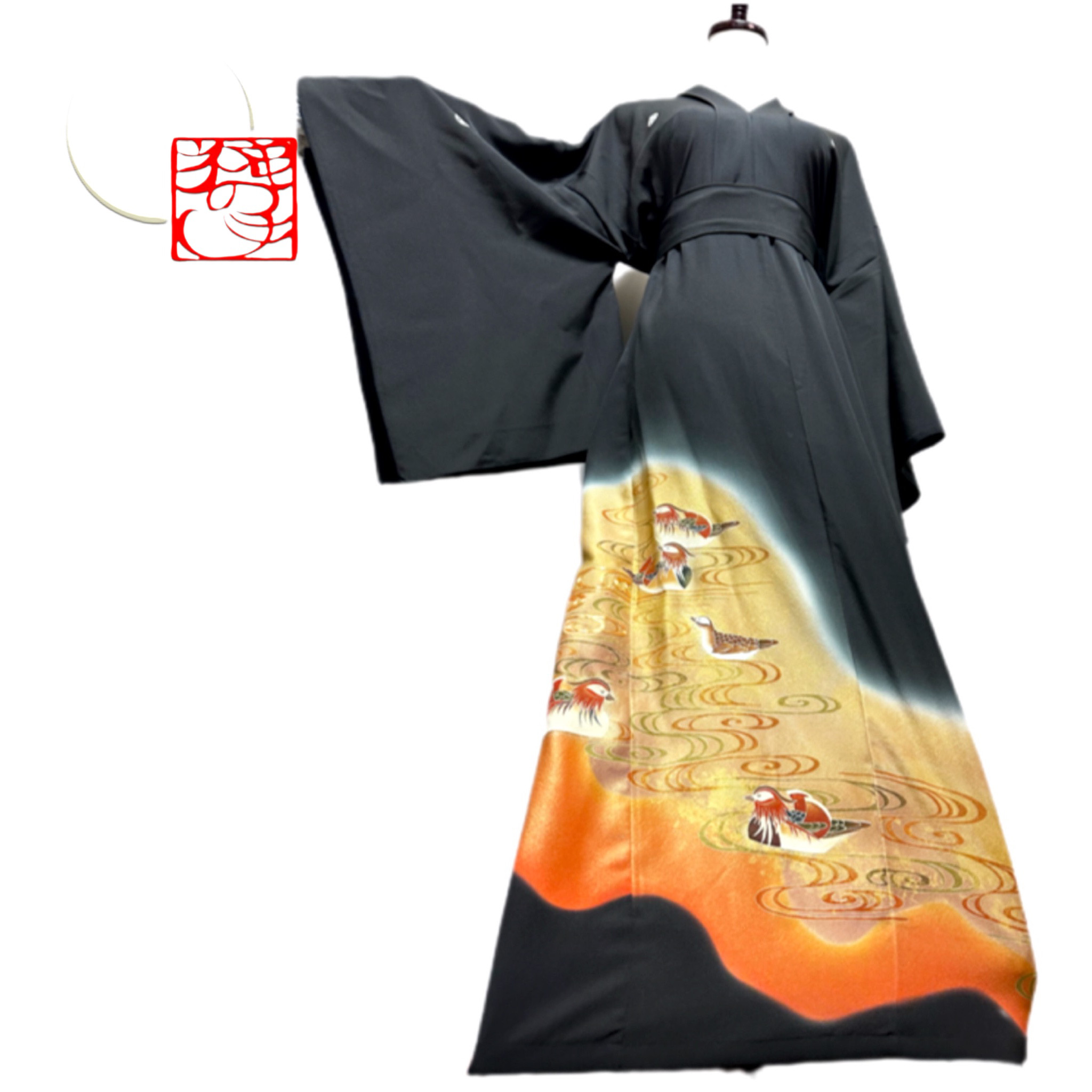 留袖　着物リメイク　着物袖ドレス　和柄　ワンピース　金彩キジ　丈125