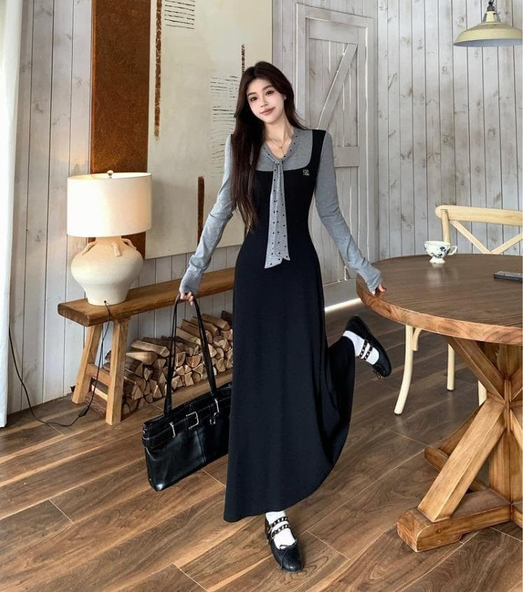 新品 大きいサイズ 秋冬 韓国風 黒 ロング ワンピース 重ね着風　ドット k