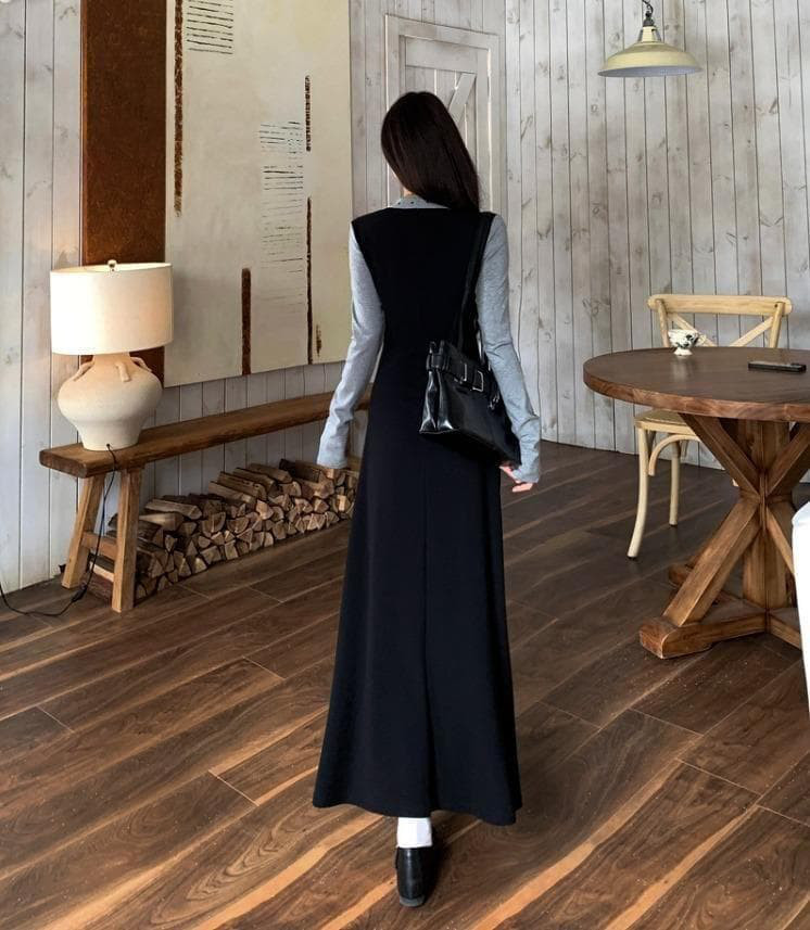 新品 大きいサイズ 秋冬 韓国風 黒 ロング ワンピース 重ね着風　ドット k