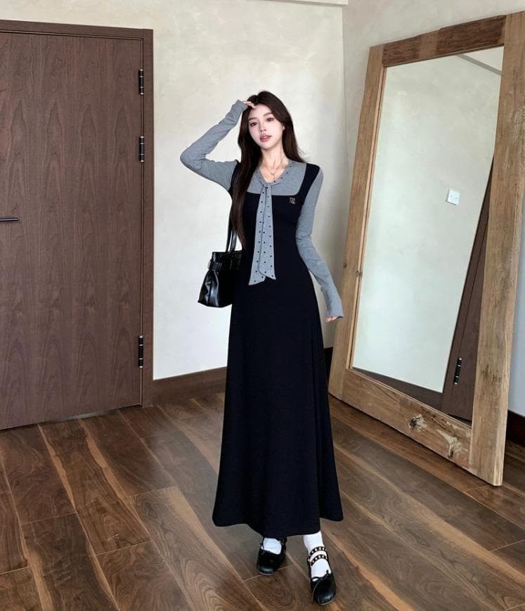 新品 大きいサイズ 秋冬 韓国風 黒 ロング ワンピース 重ね着風　ドット k