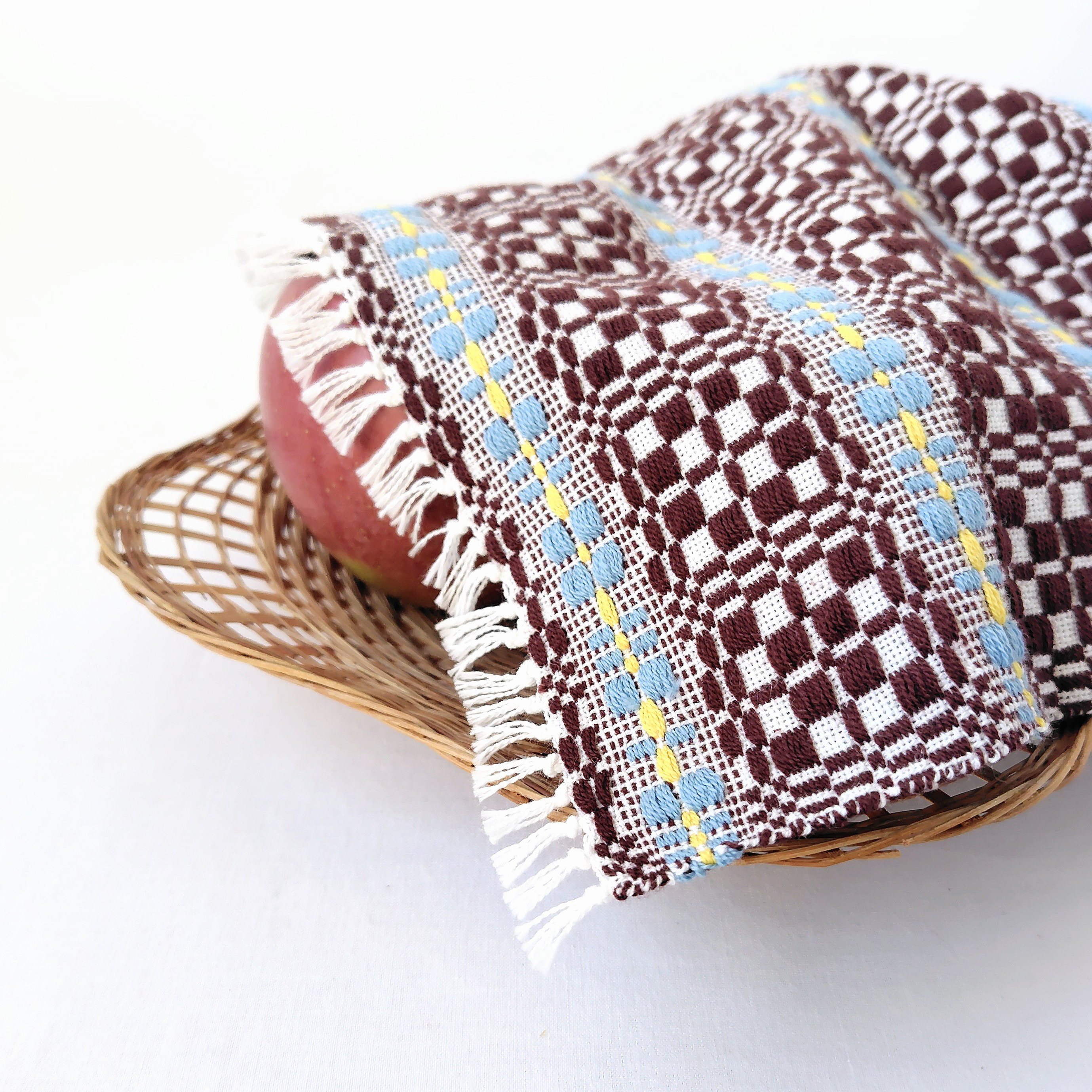 北欧手織り1点物：繊細で柔らかなコットンクロス(ブラウン×バイカラー)