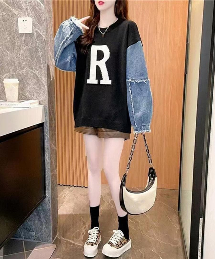【ラス２】大きいサイズ レディース トップス　異素材　春夏 秋 新品 長袖ｌ